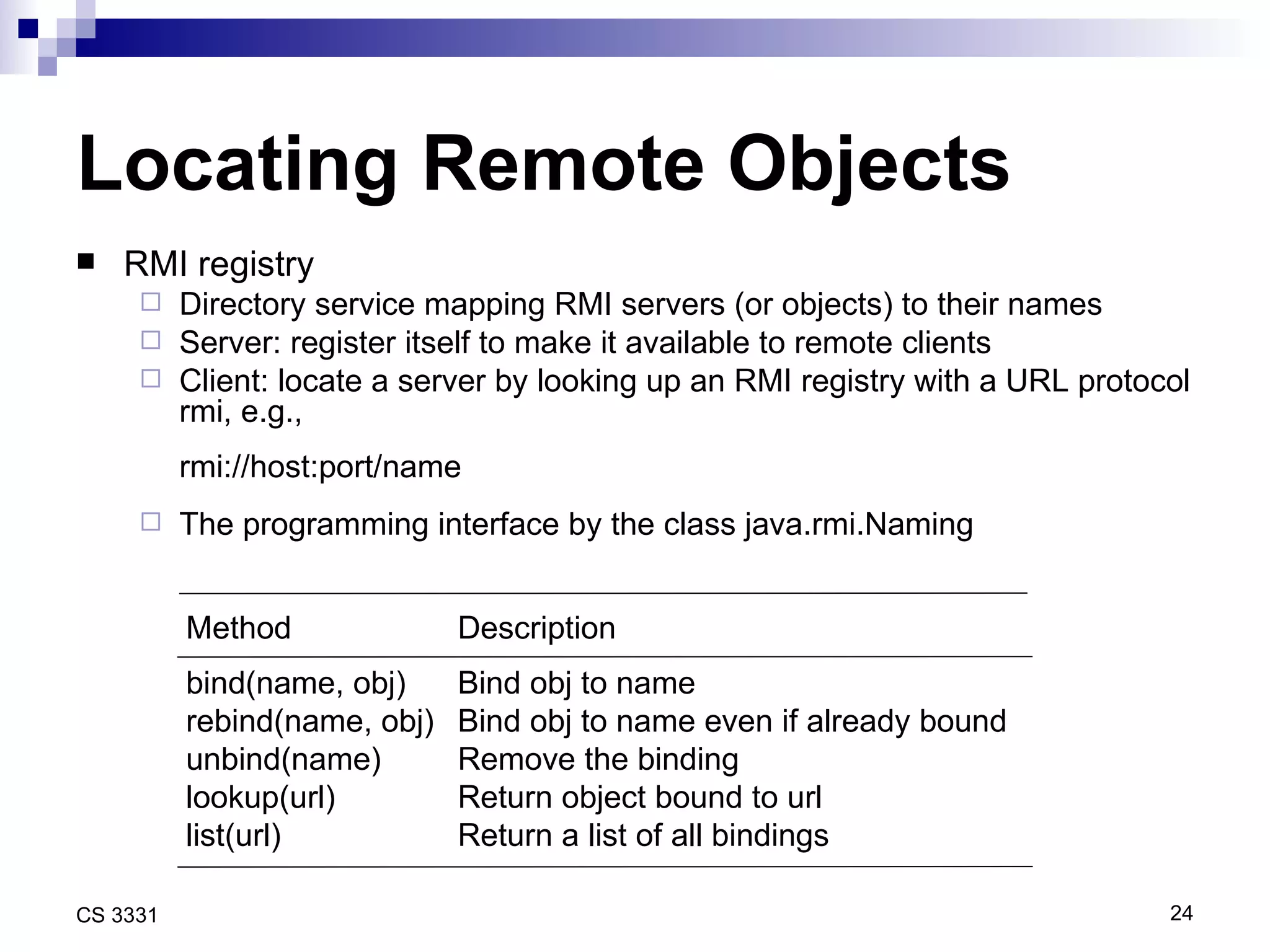 Locating Remote Objects RMI registry Directory service mapping RMI servers (or objects) to their names Server: register itself to make it available to remote clients  Client: locate a server by looking up an RMI registry with a URL protocol rmi, e.g., rmi://host:port/name The programming interface by the class java.rmi.Naming Method   Description bind(name, obj)   Bind obj to name rebind(name, obj)   Bind obj to name even if already bound unbind(name)   Remove the binding lookup(url)   Return object bound to url list(url)   Return a list of all bindings 
