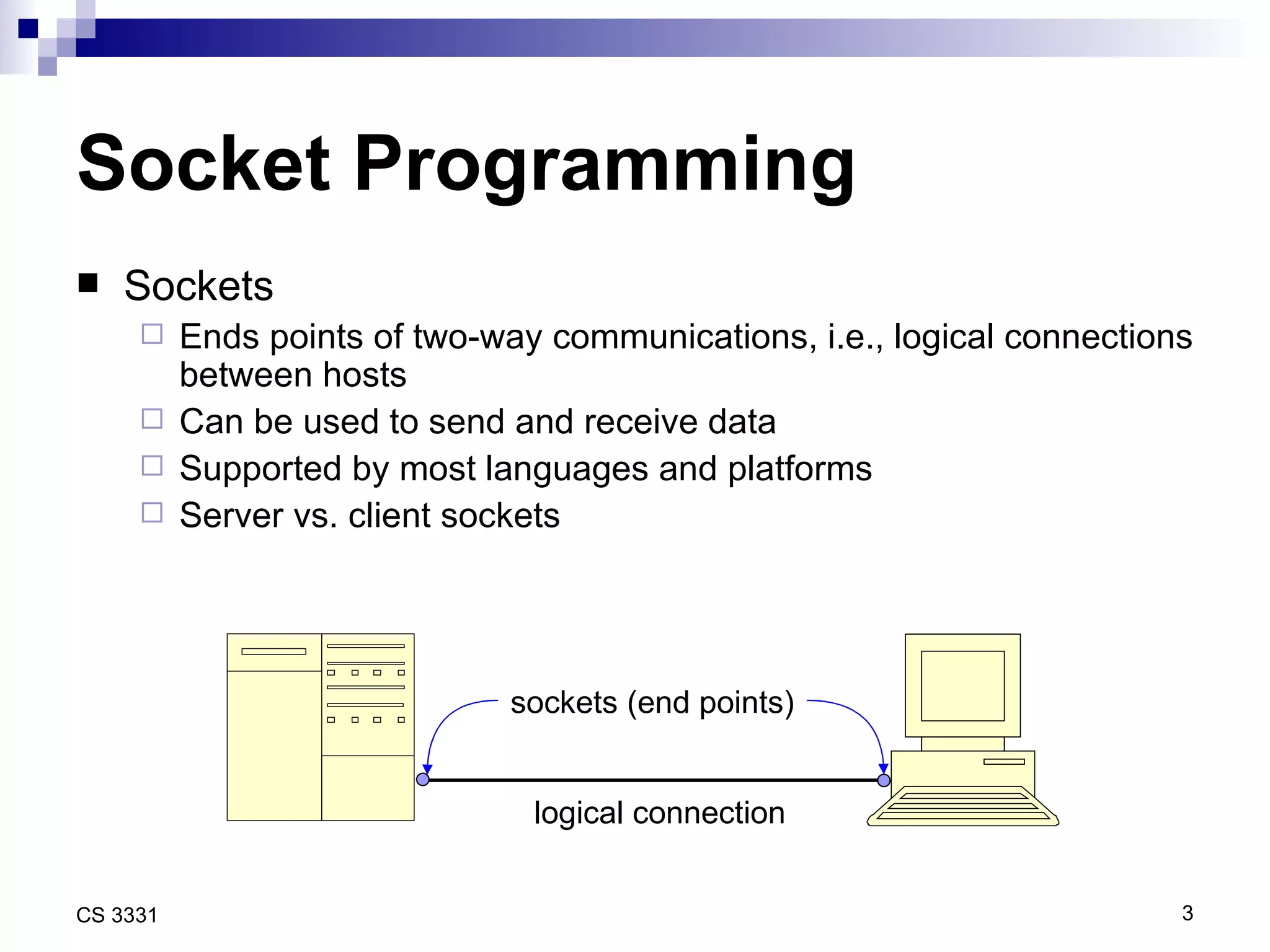 Socket Programming Sockets Ends points of two-way communications, i.e., logical connections between hosts Can be used to send and receive data Supported by most languages and platforms Server vs. client sockets logical connection sockets (end points) 