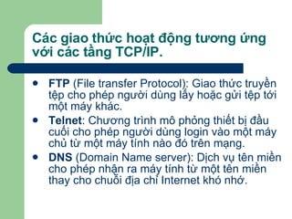 Các giao thức hoạt động tương ứng với các tầng TCP/IP. FTP  (File transfer Protocol): Giao thức truyền tệp cho phép người dùng lấy hoặc gửi tệp tới một máy khác. Telnet : Chương trình mô phỏng thiết bị đầu cuối cho phép người dùng login vào một máy chủ từ một máy tính nào đó trên mạng. DNS  (Domain Name server): Dịch vụ tên miền cho phép nhận ra máy tính từ một tên miền thay cho chuỗi địa chỉ Internet khó nhớ. 