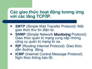 Các giao thức hoạt động tương ứng với các tầng TCP/IP. SMTP  (Simple Mail Transfer Protocol): Một giao thức thư tín điện tử. SNMP  (Simple Network  Monitoring  Protocol): Giao thức quản trị mạng cung cấp những công cụ quản trị mạng từ xa. RIP  (Routing Internet Protocol): Giao thức dẫn đường  động. ICMP  (Internet Control Message Protocol): Nghi thức thông báo lỗi.   