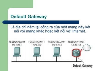Default Gateway Là địa chỉ nằm tại cổng ra của một mạng này kết nối với mạng khác hoặc kết nối với Internet. 