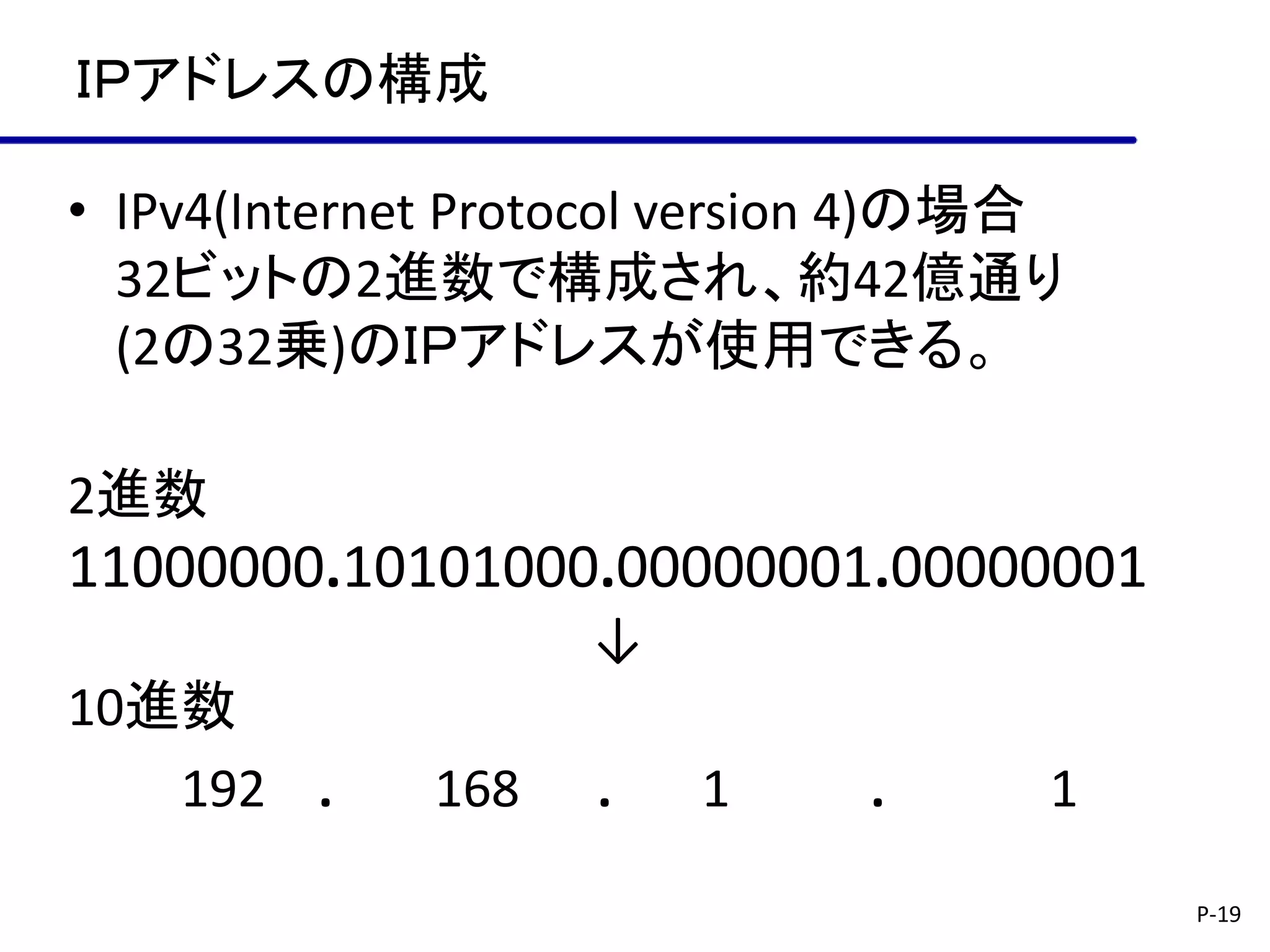 ＩＰアドレスの構成

• IPv4(Internet Protocol version 4)の場合
  32ビットの2進数で構成され、約42億通り
  (2の32乗)のＩＰアドレスが使用できる。

2進数
11000000.10101000.00000001.00000001
                   ↓
10進数
   192 .     168    .   1     .      1

                                         P-19
 