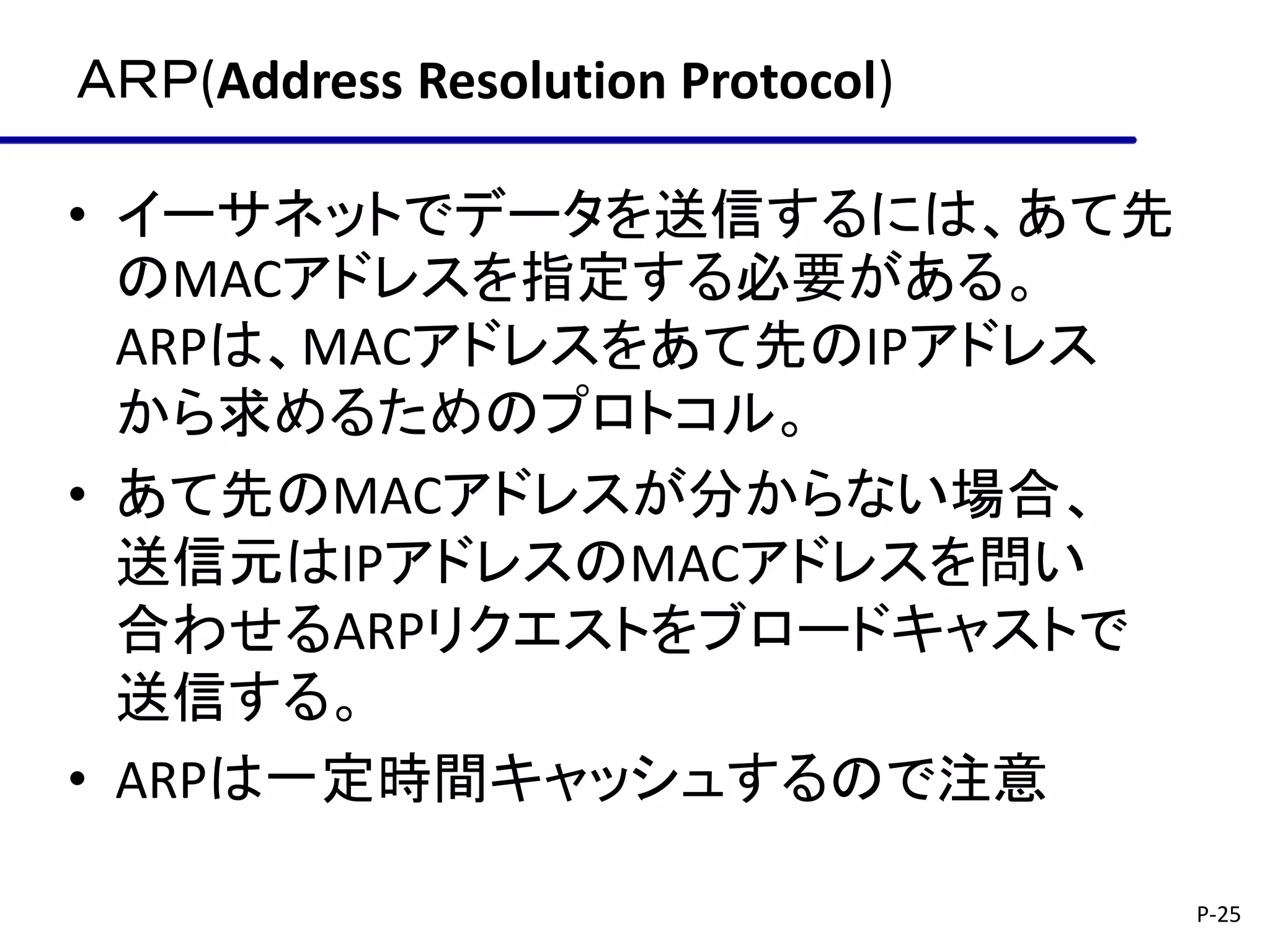 ＡＲＰ(Address Resolution Protocol)

• イーサネットでデータを送信するには、あて先
  のMACアドレスを指定する必要がある。
  ARPは、MACアドレスをあて先のIPアドレス
  から求めるためのプロトコル。
• あて先のMACアドレスが分からない場合、
  送信元はIPアドレスのMACアドレスを問い
  合わせるARPリクエストをブロードキャストで
  送信する。
• ARPは一定時間キャッシュするので注意

                                   P-25
 