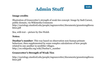 Admin Stuff
Image credits
Illustration of Granovetter’s strength of weak ties concept: Image by Sadi Carnot,
public domain, via Wikimedia Commons
http://sociology.stanford.edu/people/mgranovetter/documents/granstrengthwea
kties.pdf
Sea, with text – picture by Des Walsh
Notes:
Dunbar's number: This was based on observation non-human primate
behaviour, then supplemented by some complex calculations of how people
related to one another in neolithic villages.
http://en.wikipedia.org/wiki/Dunbar's_number
Granovetter's Strength of Weak Ties
http://sociology.stanford.edu/people/mgranovetter/documents/granstrengthwea
kties.pdf
 