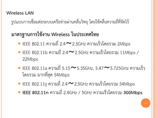 Wireless LAN
  รูปแบบการเชื่อมต่อระบบเครือข่ายผ่านคลื่นวิทยุ โดยใช้คลื่นความถี่ที่จัดไว้

  มาตรฐานการใช้งาน Wireless ในประเทศไทย
       IEEE 802.11 ความถี่ 2.4～2.5GHz ความเร็วโดยรวม 2Mbps
       IEEE 802.11b ความถี่ 2.4～2.5GHz ความเร็วโดยรวม 11Mbps /
        22Mbps
       IEEE 802.11a ความถี่ 5.15～5.35GHz, 5.47～5.725GHz ความเร็ว
        โดยรวม มากที่สุด 54Mbps
       IEEE 802.11g ความถี่ 2.4～2.5GHz ความเร็วโดยรวม 54Mbps
       IEEE 802.11n ความถี่ 2.4GHz / 5GHz ความเร็วโดยรวม 300Mbps
                                                                              14
 