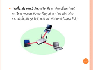  การเชื่อมต่อแบบเป็นโครงสร้าง คือ การติดต่อสื่อสารโดยมี
  สถานีฐาน (Access Point) เป็นศูนย์กลาง โดยแต่ละเครื่อง
  สามารถเชื่อมต่อสู่เครือข่ายภายนอกได้ผ่านทาง Access Point




                                                             16
 