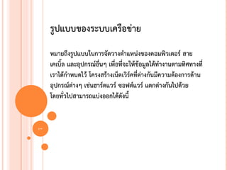 รูปแบบของระบบเครือข่าย
     หมายถึงรูปแบบในการจัดวางตาแหน่งของคอมพิวเตอร์ สาย
     เคเบิ้ล และอุปกรณ์อื่นๆ เพื่อที่จะให้ข้อมูลได้ทางานตามทิศทางที่
     เราได้กาหนดไว้ โครงสร้างเน็ตเวิร์คที่ต่างกันมีความต้องการด้าน
     อุปกรณ์ต่างๆ เช่นฮาร์ดแวร์ ซอฟต์แวร์ แตกต่างกันไปด้วย
     โดยทั่วไปสามารถแบ่งออกได้ดังนี้


17
 