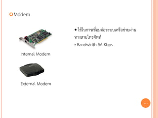  Modem


                    • ใช้ในการเชื่อมต่อระบบเครือข่ายผ่าน
                    ทางสายโทรศัพท์
                    • Bandwidth 56 Kbps
   Internal Modem



   External Modem


                                                           43
 