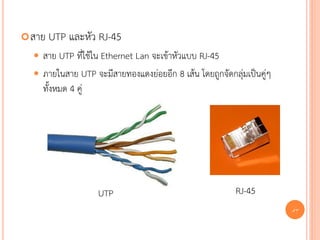  สาย   UTP และหัว RJ-45
   สาย UTP ที่ใช้ใน Ethernet Lan จะเข้าหัวแบบ RJ-45
   ภายในสาย UTP จะมีสายทองแดงย่อยอีก 8 เส้น โดยถูกจัดกลุ่มเป็นคู่ๆ
    ทั้งหมด 4 คู่




                   UTP                                   RJ-45
                                                                      47
 
