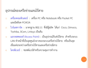 อุปกรณ์ของเครือข่ายแลนไร้สาย
1)   เครื่องคอมพิวเตอร์ : เครื่อง PC หรือ Notebook หรือ Pocket PC
     และมีสล็อต PCMCIA
2)   ไวร์เลสการ์ด : มาตรฐาน 802.11 ซึ่งมีผู้ผลิต ได้แก่ Cisco, Orinoco,
     Toshiba, 3Com, Linksys เป็นต้น
3)   แอกเซสพอยต์ (Access Point) : เป็นอุปกรณ์รับส่งไร้สาย สาหรับระบบ
     LAN ทาหน้าที่เป็นจุดศูนย์กลางของระบบเครือข่ายไร้สาย หรือเป็นจุด
     เชื่อมต่อระหว่างเครือข่ายไร้สายและเครือข่ายมีสาย
4)   ไดรฟ์เวอร์ : ซอฟต์แวร์สาหรับความคุมการทางาน

                                                                          69
 