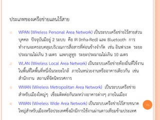 ประเภทของเครือข่ายแลนไร้สาย
1)   WPAN (Wireless Personal Area Network) เป็นระบบเครือข่ายไร้สายส่วน
     บุคคล ปัจจุบันมีอยู่ 2 ระบบ คือ IR (Infra-Red) และ Bluetooth การ
     ทางานจะครอบคลุมบริเวณการสื่อสารที่ค่อนข้างจากัด เช่น อินฟาเรด ระยะ
     ประมาณไม่เกิน 3 เมตร และบลูทูธ ระยะประมาณไม่เกิน 10 เมตร
2)   WLAN (Wireless Local Area Network) เป็นระบบเครือข่ายท้องถิ่นที่ใช้งาน
     ในพื้นที่ใดพื้นที่หนึ่งในระยะใกล้ ภายในหน่วยงานหรืออาคารเดียวกัน เช่น
     สานักงาน สถานที่จัดนิทรรศการ
3)   WMAN (Wireless Metropolitan Area Network) เป็นระบบเครือข่าย
     สาหรับเมืองใหญ่ๆ เชื่อมติดต่อกันระหว่างอาคารต่างๆ ภายในเมือง
4)   WWAN (Wireless Wide Area Network) เป็นระบบเครือข่ายไร้สายขนาด           71

     ใหญ่สาหรับเมืองหรือประเทศซึ่งมักมีการใช้งานผ่านดาวเทียมข้ามประเทศ
 
