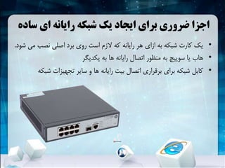 ‫ساده‬ ‫ای‬ ‫رایانه‬ ‫شبکهĬ ‫یک‬ ‫ایجاد‬ ‫برای‬ ‫ضروری‬ ‫اجزا‬
•‫م‬ ‫نصب‬ ‫اصلی‬ ‫برد‬ ‫روی‬ ‫است‬ ‫الزم‬ ‫که‬ ‫رایانه‬ ‫هر‬ ‫ازای‬ ‫به‬ ‫شبکهĬ ‫کارت‬ ‫یک‬‫شود‬ ‫ی‬.
•‫یکدیگر‬ ‫به‬ ‫ها‬ ‫رایانه‬ ‫اتصال‬ ‫منظور‬ ‫به‬ ‫سوییچ‬ ‫یا‬ ‫هاب‬
•‫شب‬ ‫تجهیزات‬ ‫سایر‬ ‫و‬ ‫ها‬ ‫رایانه‬ ‫بیت‬ ‫اتصال‬ ‫برقراری‬ ‫برای‬ ‫شبکهĬ ‫کابل‬‫که‬
 