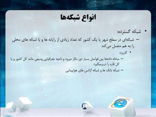 ‫ها‬‫شبکهĬ ‫انواع‬
•‫گسترده‬ ‫شبکهĬ:
–‫های‬ ‫شبکهĬ ‫یا‬ ‫و‬ ‫ها‬ ‫رایانه‬ ‫از‬ ‫زیادی‬ ‫تعداد‬ ‫که‬ ‫کشور‬ ‫یک‬ ‫یا‬ ‫شهر‬ ‫سطح‬ ‫در‬ ‫ای‬‫شبکهĬ‫محلی‬
‫کند‬‫می‬ ‫متصل‬ ‫هم‬ ‫به‬ ‫را‬
•‫کاربرد‬:
–‫ک‬ ‫مانند‬ ‫وسیعی‬ ‫جغرافیایی‬ ‫ناحیه‬ ‫و‬ ‫میرود‬ ‫بکار‬ ‫دور‬ ‫بسیار‬ ‫فواصل‬ ‫بین‬ ‫ها‬‫داده‬ ‫مبادله‬‫یا‬ ‫و‬ ‫کشور‬ ‫ل‬
‫دربرمیگیرد‬ ‫را‬ ‫قاره‬ ‫کل‬
–‫هواپیمایی‬ ‫های‬ ‫آژانس‬ ‫شبکهĬ ‫و‬ ‫ها‬ ‫بانک‬ ‫شبکهĬ
 