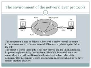 The environment of the network layer protocols
4
This equipment is used as follows. A host with a packet to send transmits it
to the nearest router, either on its own LAN or over a point-to-point link to
the ISP.
The packet is stored there until it has fully arrived and the link has finished
its processing by verifying the checksum. Then it is forwarded to the next
router along the path until it reaches the destination host, where it is
delivered. This mechanism is store-and-forward packet switching, as we have
seen in previous chapters.
 
