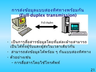 21
การส่งข้อมูลแบบสองทิศทางพร้อมกัน
(Full-duplex transmission)
• เป็นการสื่อสารข้อมูลโดยที่แต่ละฝ่ายสามารถ
เป็นได้ทั้งผู้รับและผู้ส่งในเวลาเดียวกัน
• สามารถส่งข้อมูลได้พร้อม ๆ กันแบบสองทิศทาง
• ตัวอย่างเช่น
– การสื่อสารโดยใช้โทรศัพท์
 