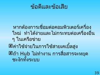 39
ข้อดีและข้อเสีย
หากต้องการเชื่อมต่อคอมพิวเตอร์เครื่อง
ใหม่ ทำาได้ง่ายและไม่กระทบต่อเครื่องอื่น
ๆ ในเครือข่าย
ค่าใช้จ่ายในการใช้สายเคเบิ้ลสูง
ถ้า Hub ไม่ทำางาน การสื่อสารจะหยุด
ชะงักทั้งระบบ
 