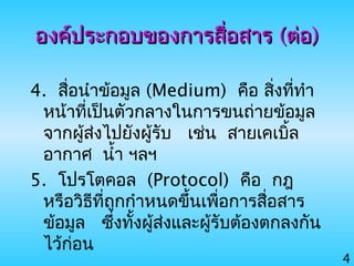 4
4. สื่อนำาข้อมูล (Medium) คือ สิ่งที่ทำา
หน้าที่เป็นตัวกลางในการขนถ่ายข้อมูล
จากผู้ส่งไปยังผู้รับ เช่น สายเคเบิ้ล
อากาศ นำ้า ฯลฯ
5. โปรโตคอล (Protocol) คือ กฎ
หรือวิธีที่ถูกกำาหนดขึ้นเพื่อการสื่อสาร
ข้อมูล ซึ่งทั้งผู้ส่งและผู้รับต้องตกลงกัน
ไว้ก่อน
องค์ประกอบของการสื่อสารองค์ประกอบของการสื่อสาร ((ต่อต่อ))
 