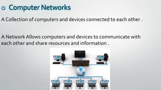 o Computer Networks
A Collection of computers and devices connected to each other .
A Network Allows computers and devices to communicate with
each other and share resources and information .
 