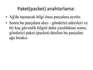 • Ağ'da taşınacak bilgi önce parçalara ayrılır.
• Sonra bu parçalara alıcı - gönderici adresleri ve
bir kaç güvenlik bilgisi daha yazıldıktan sonra,
gönderici paket (packet) denilen bu parçaları
ağa bırakır.
Paket(packet) anahtarlama:
 