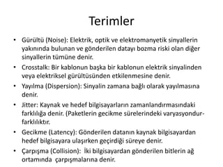 Terimler
• Gürültü (Noise): Elektrik, optik ve elektromanyetik sinyallerin
yakınında bulunan ve gönderilen datayı bozma riski olan diğer
sinyallerin tümüne denir.
• Crosstalk: Bir kablonun başka bir kablonun elektrik sinyalinden
veya elektriksel gürültüsünden etkilenmesine denir.
• Yayılma (Dispersion): Sinyalin zamana bağlı olarak yayılmasına
denir.
• Jitter: Kaynak ve hedef bilgisayarların zamanlandırmasındaki
farklılığa denir. (Paketlerin gecikme sürelerindeki varyasyondur-
farklılıktır.
• Gecikme (Latency): Gönderilen datanın kaynak bilgisayardan
hedef bilgisayara ulaşırken geçirdiği süreye denir.
• Çarpışma (Collision): İki bilgisayardan gönderilen bitlerin ağ
ortamında çarpışmalarına denir.
 