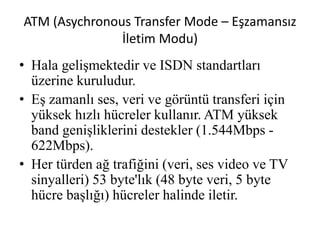 ATM (Asychronous Transfer Mode – Eşzamansız
İletim Modu)
• Hala gelişmektedir ve ISDN standartları
üzerine kuruludur.
• Eş zamanlı ses, veri ve görüntü transferi için
yüksek hızlı hücreler kullanır. ATM yüksek
band genişliklerini destekler (1.544Mbps -
622Mbps).
• Her türden ağ trafiğini (veri, ses video ve TV
sinyalleri) 53 byte'lık (48 byte veri, 5 byte
hücre başlığı) hücreler halinde iletir.
 