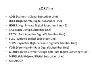 xDSL’ler
• ADSL (Asimetric Digital Subscriber Line)
• HDSL (High bit-rate Digital Subscriber Line)
• HDSL2 (High bit-rate Digital Subscriber Line - 2)
• IDSL (ISDN Digital Subscriber Line)
• RADSL (Rate Adaptive Digital Subscriber Line)
• SDSL (Symetric Digital Subscriber Line)
• SHDSL (Symetric High-data-rate Digital Subscriber Line)
• VDSL (Very-High-Bit-Rate Digital Subscriber Line)
• G.SHDSL (G.991.2 Symetric High-data-rate Digital Subscriber Line)
• MSDSL (Multi-Speed Digital Subscriber Line )
• METALOOP
 