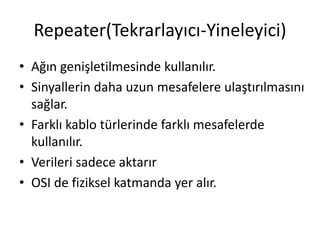 Repeater(Tekrarlayıcı-Yineleyici)
• Ağın genişletilmesinde kullanılır.
• Sinyallerin daha uzun mesafelere ulaştırılmasını
sağlar.
• Farklı kablo türlerinde farklı mesafelerde
kullanılır.
• Verileri sadece aktarır
• OSI de fiziksel katmanda yer alır.
 