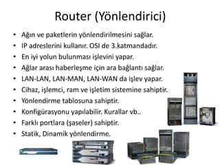Router (Yönlendirici)
• Ağın ve paketlerin yönlendirilmesini sağlar.
• IP adreslerini kullanır. OSI de 3.katmandadır.
• En iyi yolun bulunması işlevini yapar.
• Ağlar arası haberleşme için ara bağlantı sağlar.
• LAN-LAN, LAN-MAN, LAN-WAN da işlev yapar.
• Cihaz, işlemci, ram ve işletim sistemine sahiptir.
• Yönlendirme tablosuna sahiptir.
• Konfigürasyonu yapılabilir. Kurallar vb..
• Farklı portlara (şaseler) sahiptir.
• Statik, Dinamik yönlendirme.
 