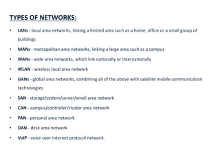 TYPES OF NETWORKS:
• LANs - local area networks, linking a limited area such as a home, office or a small group of
buildings
• MANs - metropolitan area networks, linking a large area such as a campus
• WANs - wide area networks, which link nationally or internationally
• WLAN - wireless local area network
• GANs - global area networks, combining all of the above with satellite mobile communication
technologies
• SAN - storage/system/server/small area network
• CAN - campus/controller/cluster area network
• PAN - personal area network
• DAN - desk area network
• VoIP - voice over internet protocol network.
 