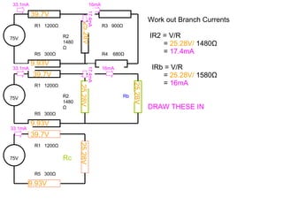 Work out Branch Currents IR2 = V/R =  25.28V/  1480 Ω =  17.4mA IRb = V/R =  25.28V/  1580 Ω =  16mA DRAW THESE IN 75V R1  1200 Ω Rc R5  300 Ω 25.28V 9.93V 39.7V 39.7V 9.93V 39.7V 9.93V 25.28V 25.28V 25.28V 75V R1  1200 Ω R2 1480 Ω R5  300 Ω R3  900 Ω R4  680 Ω 75V R1  1200 Ω R2 1480 Ω R5  300 Ω Rb 33.1mA 33.1mA 33.1mA 16mA 16mA 17.4mA 17.4mA 