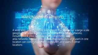WAN(Wide area network)
A wide area network (WAN) is a network that exists over a large-scale
geographical area. A WAN connects different smaller networks,
including local area networks (LANs) and metro
area networks (MANs). This ensures that computers and users in one
location can communicate with computers and users in other
locations
 