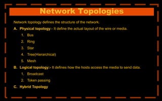 Network Topologies
Network topology defines the structure of the network.
A. Physical topology:- It define the actual layout of the wire or media.
1. Bus
2. Ring
3. Star
4. Tree(Hierarchical)
5. Mesh
B. Logical topology:- It defines how the hosts access the media to send data.
1. Broadcast
2. Token passing
C. Hybrid Topology
 