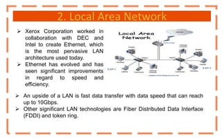 2. Local Area Network
 Xerox Corporation worked in
collaboration with DEC and
Intel to create Ethernet, which
is the most pervasive LAN
architecture used today.
 Ethernet has evolved and has
seen significant improvements
in regard to speed and
efficiency.
 An upside of a LAN is fast data transfer with data speed that can reach
up to 10Gbps.
 Other significant LAN technologies are Fiber Distributed Data Interface
(FDDI) and token ring.
 
