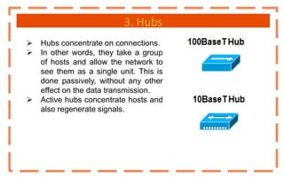3. Hubs
 Hubs concentrate on connections.
 In other words, they take a group
of hosts and allow the network to
see them as a single unit. This is
done passively, without any other
effect on the data transmission.
 Active hubs concentrate hosts and
also regenerate signals.
 
