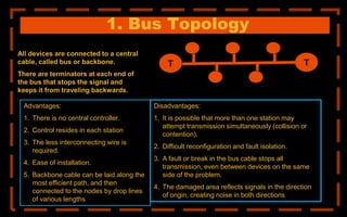 1. Bus Topology
T
T
All devices are connected to a central
cable, called bus or backbone.
There are terminators at each end of
the bus that stops the signal and
keeps it from traveling backwards.
Disadvantages:
1. It is possible that more than one station may
attempt transmission simultaneously (collision or
contention).
2. Difficult reconfiguration and fault isolation.
3. A fault or break in the bus cable stops all
transmission, even between devices on the same
side of the problem.
4. The damaged area reflects signals in the direction
of origin, creating noise in both directions
Advantages:
1. There is no central controller.
2. Control resides in each station
3. The less interconnecting wire is
required.
4. Ease of installation.
5. Backbone cable can be laid along the
most efficient path, and then
connected to the nodes by drop lines
of various lengths
 
