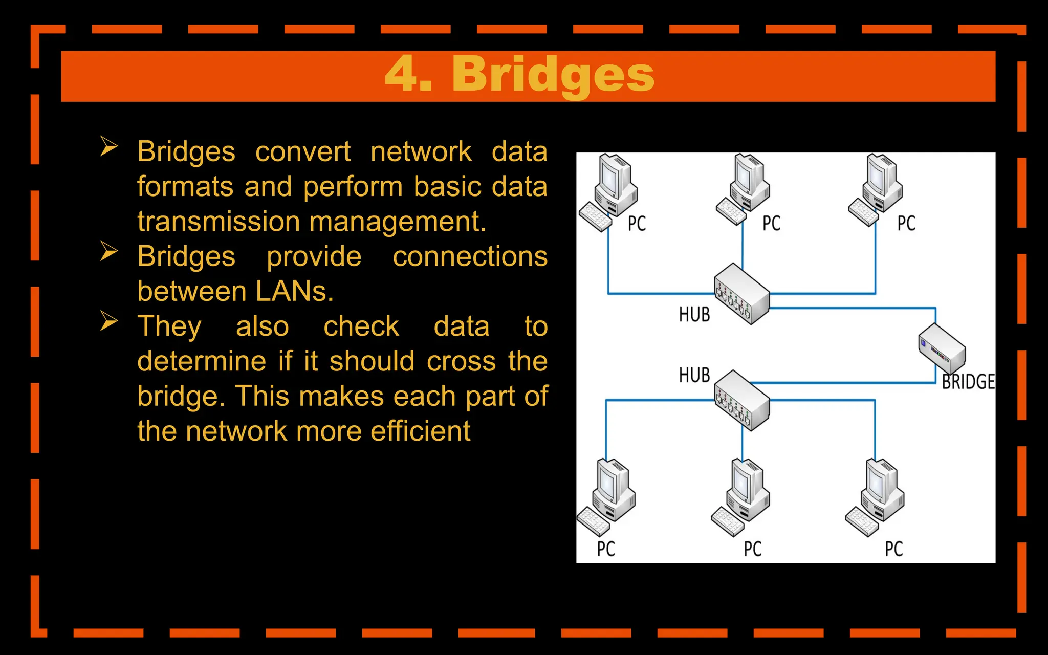 4. Bridges
 Bridges convert network data
formats and perform basic data
transmission management.
 Bridges provide connections
between LANs.
 They also check data to
determine if it should cross the
bridge. This makes each part of
the network more efficient
 