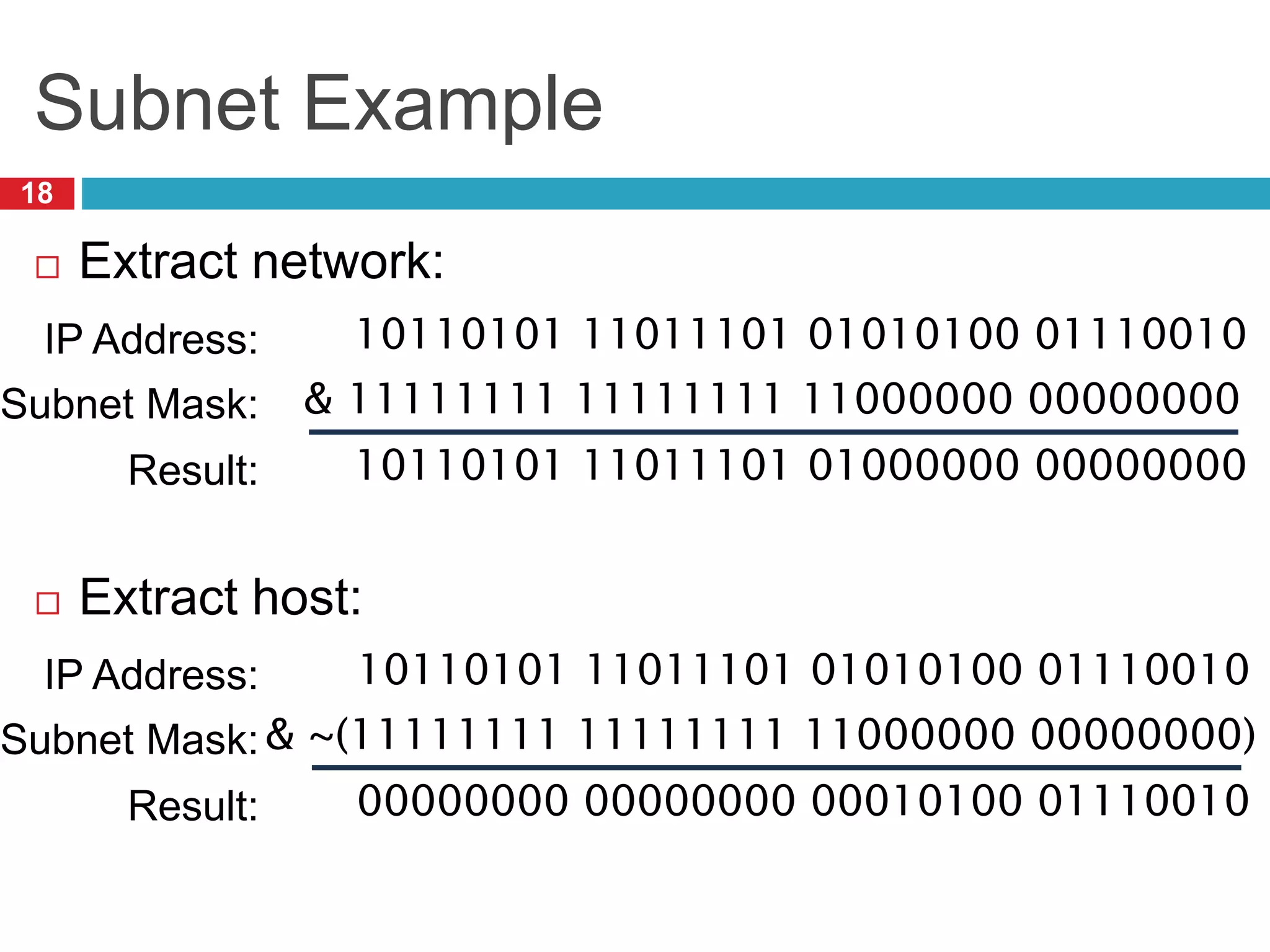 Subnet Example
18
 Extract network:
 Extract host:
10110101 11011101 01010100 01110010
IP Address:
& 11111111 11111111 11000000 00000000
Subnet Mask:
10110101 11011101 01000000 00000000
Result:
10110101 11011101 01010100 01110010
IP Address:
& ~(11111111 11111111 11000000 00000000)
Subnet Mask:
00000000 00000000 00010100 01110010
Result:
 