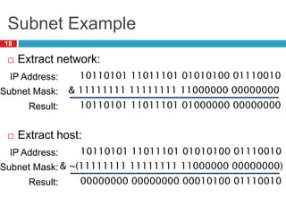 Subnet Example
18
 Extract network:
 Extract host:
10110101 11011101 01010100 01110010
IP Address:
& 11111111 11111111 11000000 00000000
Subnet Mask:
10110101 11011101 01000000 00000000
Result:
10110101 11011101 01010100 01110010
IP Address:
& ~(11111111 11111111 11000000 00000000)
Subnet Mask:
00000000 00000000 00010100 01110010
Result:
 