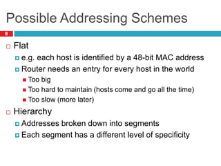 Possible Addressing Schemes
8
 Flat
 e.g. each host is identified by a 48-bit MAC address
 Router needs an entry for every host in the world
 Too big
 Too hard to maintain (hosts come and go all the time)
 Too slow (more later)
 Hierarchy
 Addresses broken down into segments
 Each segment has a different level of specificity
 