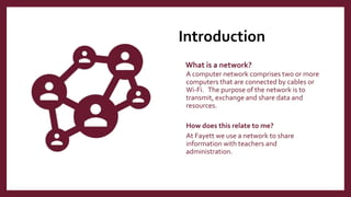 Introduction
What is a network?
A computer network comprises two or more
computers that are connected by cables or
Wi-Fi. The purpose of the network is to
transmit, exchange and share data and
resources.
How does this relate to me?
At Fayett we use a network to share
information with teachers and
administration.
 