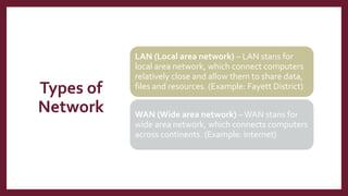 Types of
Network
LAN (Local area network) – LAN stans for
local area network, which connect computers
relatively close and allow them to share data,
files and resources. (Example: Fayett District)
WAN (Wide area network) –WAN stans for
wide area network, which connects computers
across continents. (Example: Internet)
 