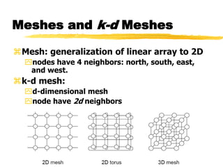 Meshes and k-d Meshes
Mesh: generalization of linear array to 2D
nodes have 4 neighbors: north, south, east,
and west.
k-d mesh:
d-dimensional mesh
node have 2d neighbors
 