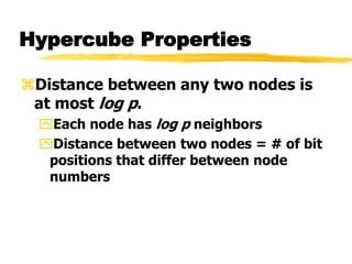 Hypercube Properties
Distance between any two nodes is
at most log p.
Each node has log p neighbors
Distance between two nodes = # of bit
positions that differ between node
numbers
 