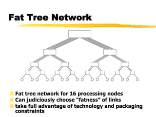 Fat Tree Network
 Fat tree network for 16 processing nodes
 Can judiciously choose “fatness” of links
 take full advantage of technology and packaging
constraints
 