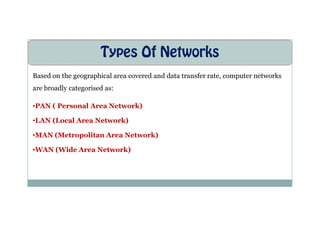 Types Of Networks
Based on the geographical area covered and data transfer rate, computer networks
are broadly categorised as:
•PAN ( Personal Area Network)
•LAN (Local Area Network)
•MAN (Metropolitan Area Network)
•WAN (Wide Area Network)
 