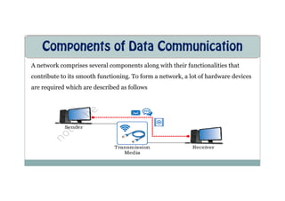 Components of Data Communication
A network comprises several components along with their functionalities that
contribute to its smooth functioning. To form a network, a lot of hardware devices
are required which are described as follows
 
