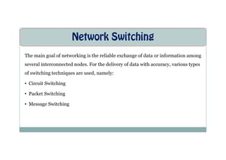 Network Switching
The main goal of networking is the reliable exchange of data or information among
several interconnected nodes. For the delivery of data with accuracy, various types
of switching techniques are used, namely:
• Circuit Switching
• Packet Switching
• Message Switching
 