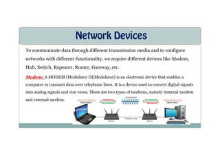 Network Devices
To communicate data through different transmission media and to configure
networks with different functionality, we require different devices like Modem,
Hub, Switch, Repeater, Router, Gateway, etc.
Modem: A MODEM (Modulator DEModulator) is an electronic device that enables a
Modem: A MODEM (Modulator DEModulator) is an electronic device that enables a
computer to transmit data over telephone lines. It is a device used to convert digital signals
into analog signals and vice versa. There are two types of modems, namely internal modem
and external modem.
 