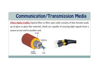 Communication/Transmission Media
Fibre Optic Cable: Optical fibre or fibre optic cable consists of thin threads made
up of glass or glass like material, which are capable of carrying light signals from a
source at one end to another end.
 