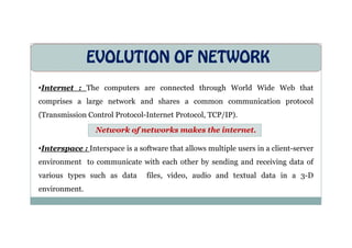 EVOLUTION OF NETWORK
•Internet : The computers are connected through World Wide Web that
comprises a large network and shares a common communication protocol
(Transmission Control Protocol-Internet Protocol, TCP/IP).
Network of networks makes the internet.
•Interspace : Interspace is a software that allows multiple users in a client-server
environment to communicate with each other by sending and receiving data of
various types such as data files, video, audio and textual data in a 3-D
environment.
 